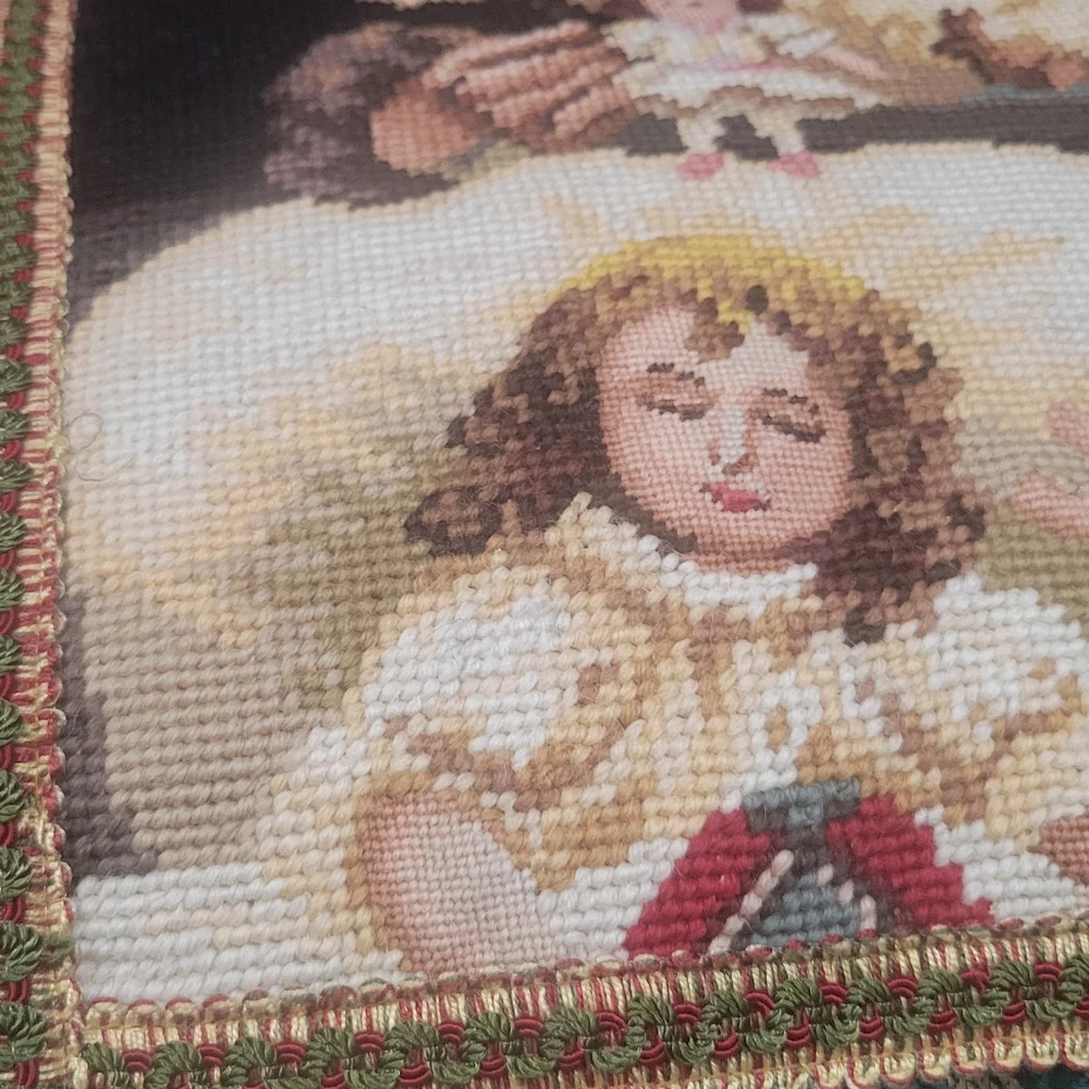 Vintage Santa Claus with Dolls Large needpoint pillow very full velvet backing